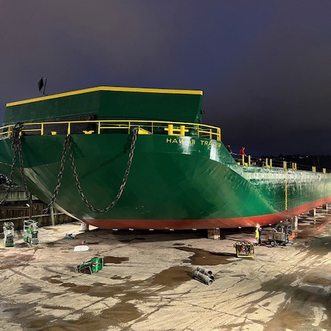 Image of a ship dry docked at Motive Power Marine in Tacoma WA
